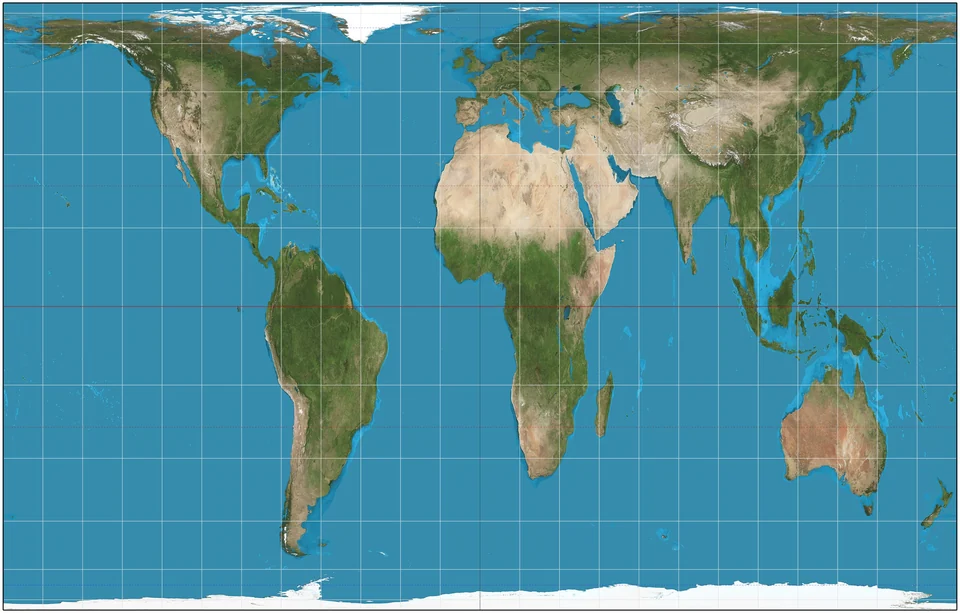 Carte du monde selon la projection équivalente de Gall-Peters, l'Afrique et l'Amérique du Sud étant étirées verticalement.