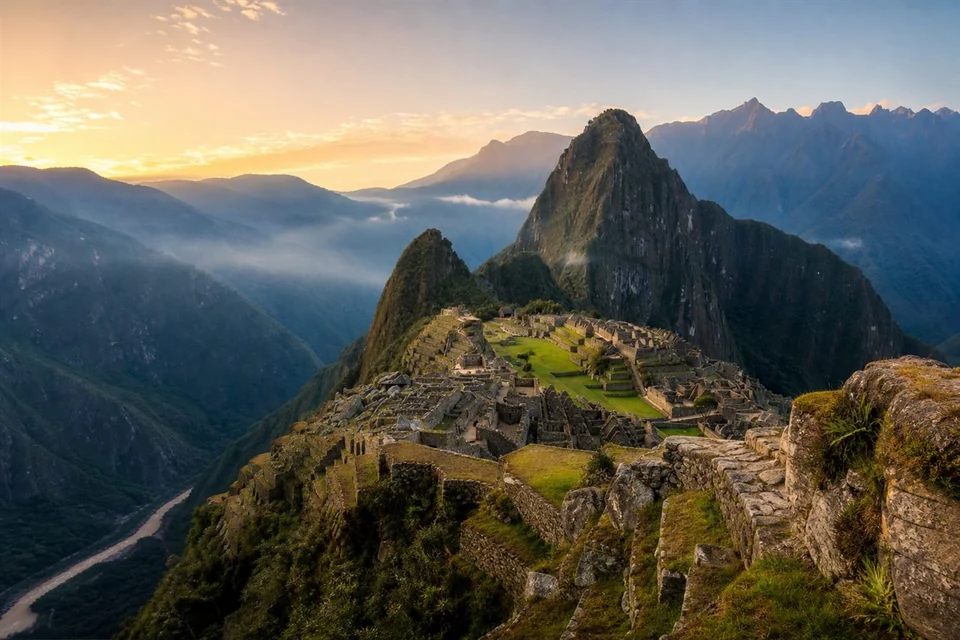 Machu Picchu citadel and Huayna Picchu mountain at sunrise in Peru