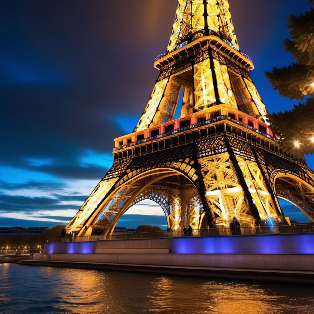 The Eiffel Tower's iron lattice structure rising above the rooftops of Paris