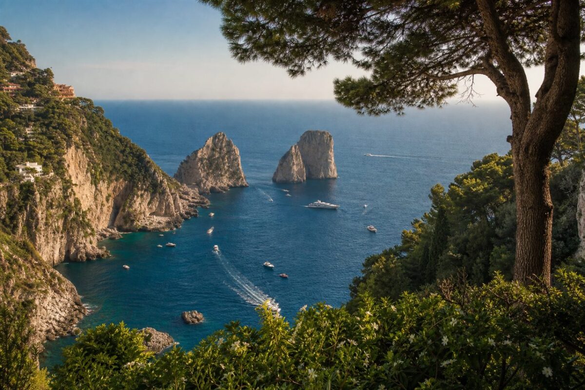 Faraglioni sea stacks viewed from a garden on Capri island Italy