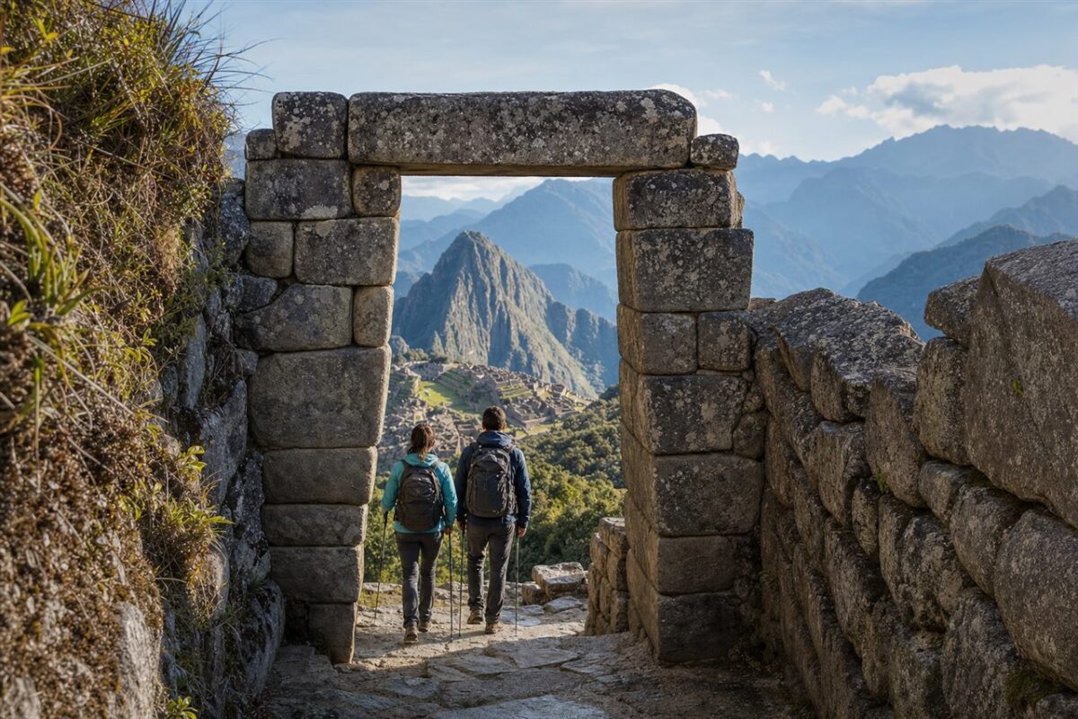 Hikers reaching the Sun Gate above Machu Picchu on the Inca Trail