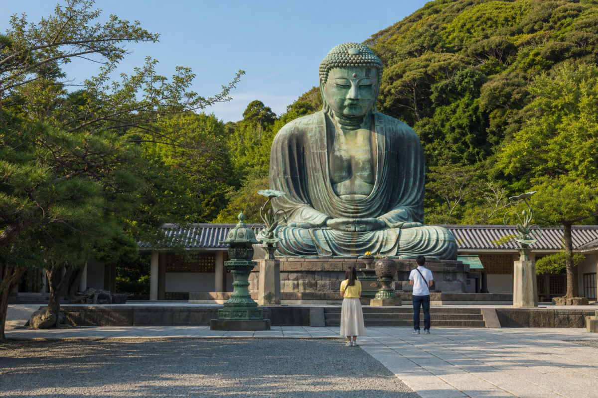 Great Buddha of Kamakura in a peaceful temple garden