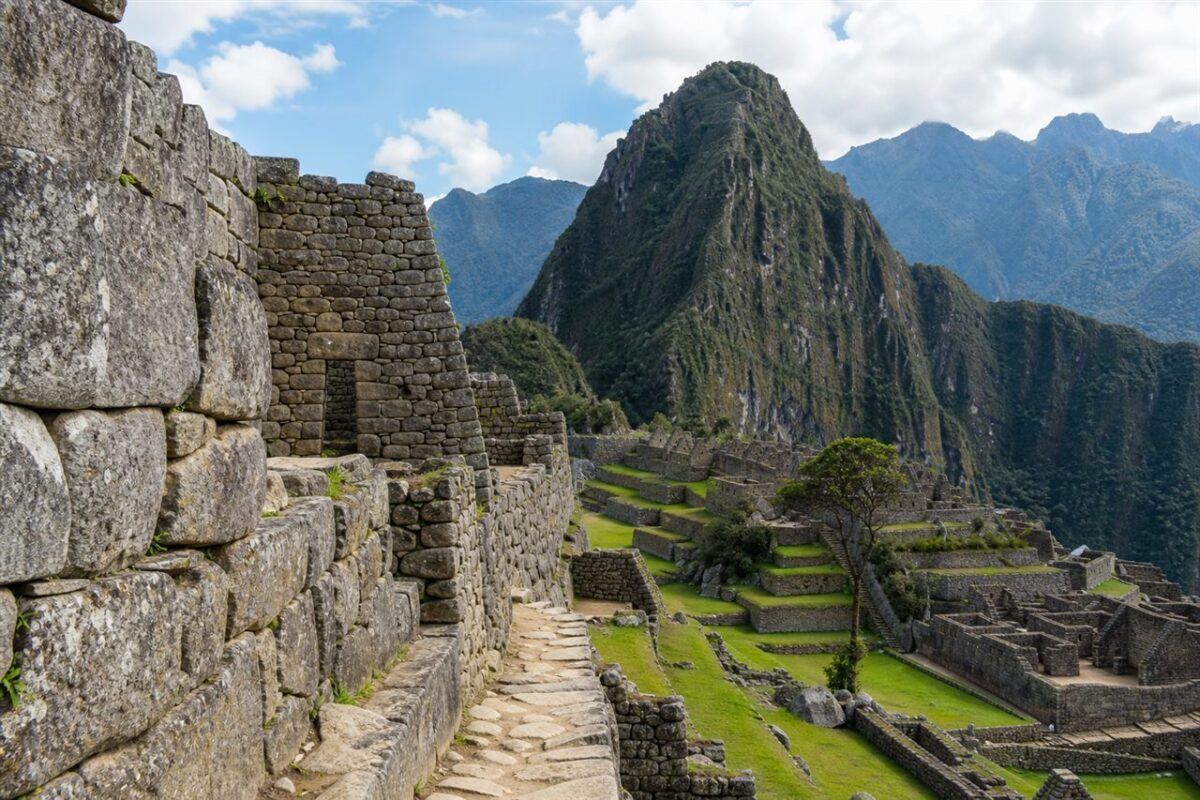 Precisely fitted Inca stone walls and terraces at Machu Picchu Peru