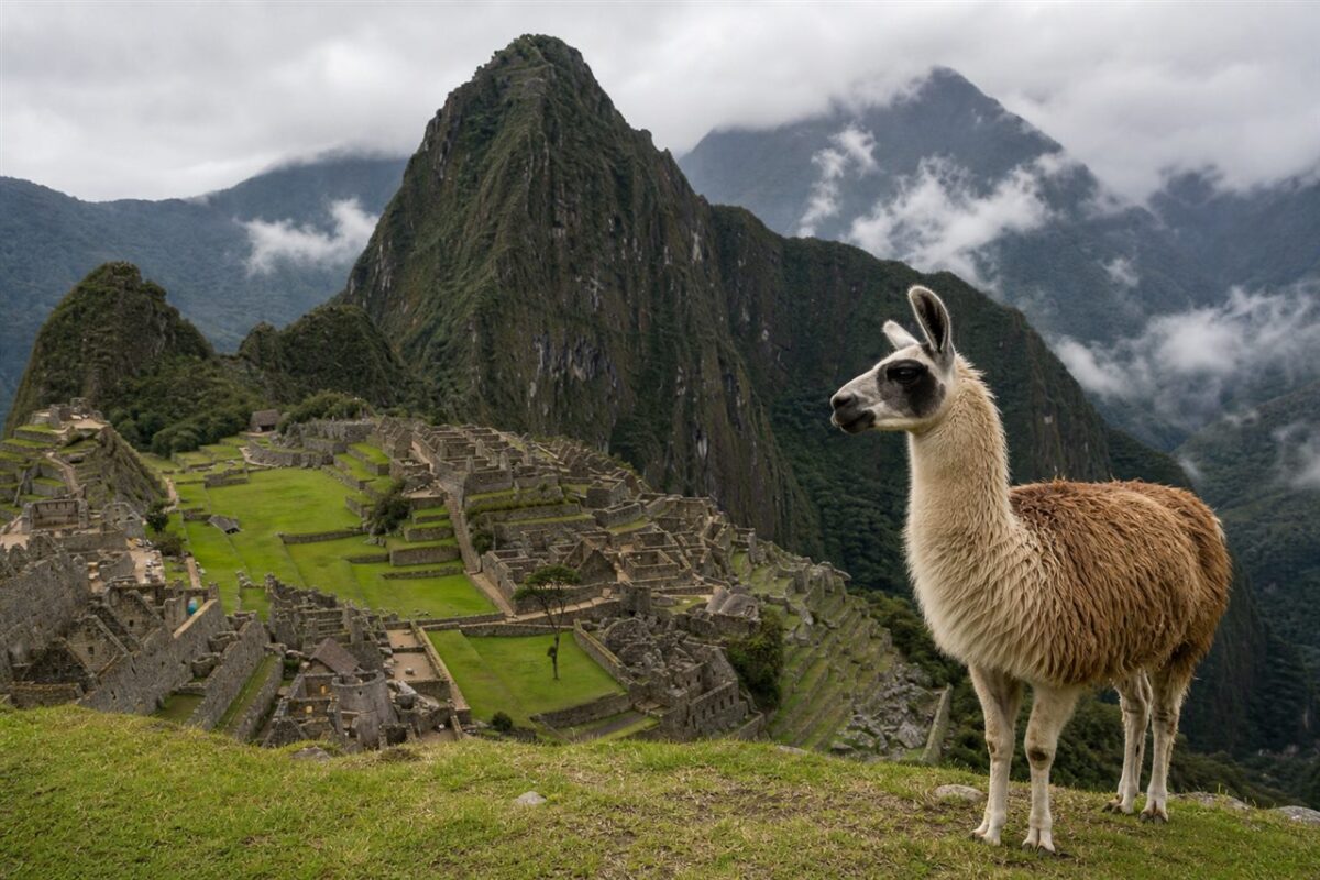 Llama standing on a green agricultural terrace at Machu Picchu Peru