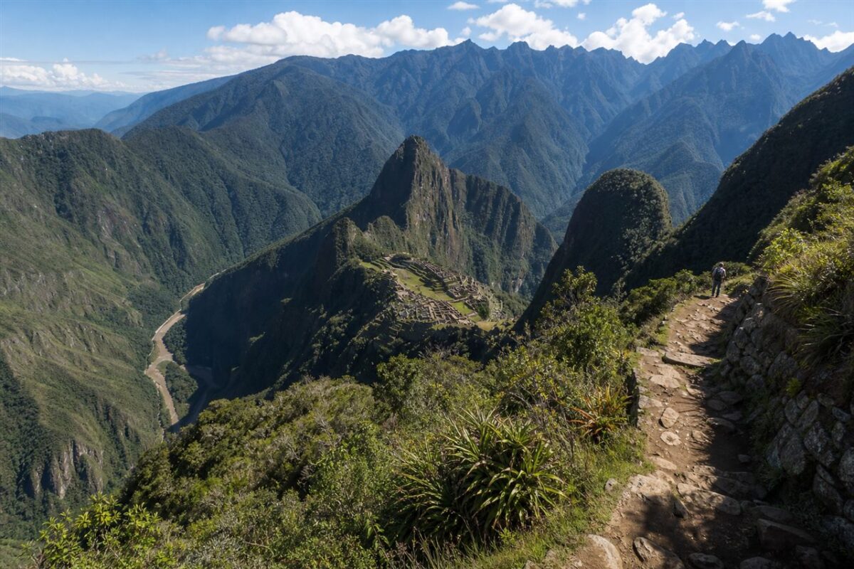 Mountain trail overlooking green Andean peaks near Machu Picchu Peru