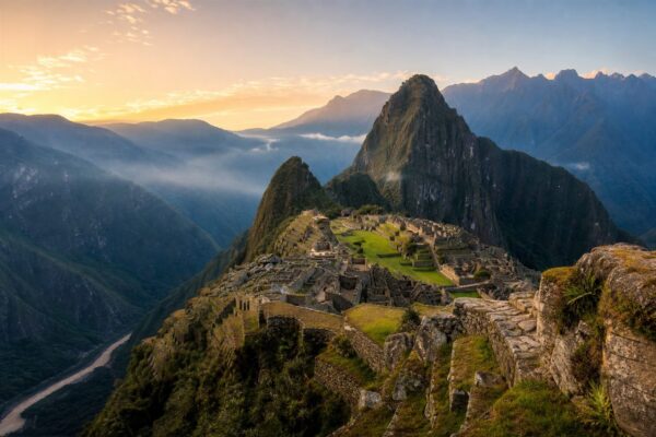 Machu Picchu citadel and Huayna Picchu mountain at sunrise in Peru