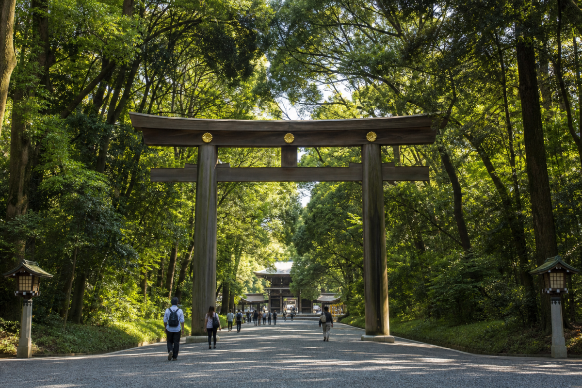 Forested torii gate approach to Meiji Shrine in Tokyo