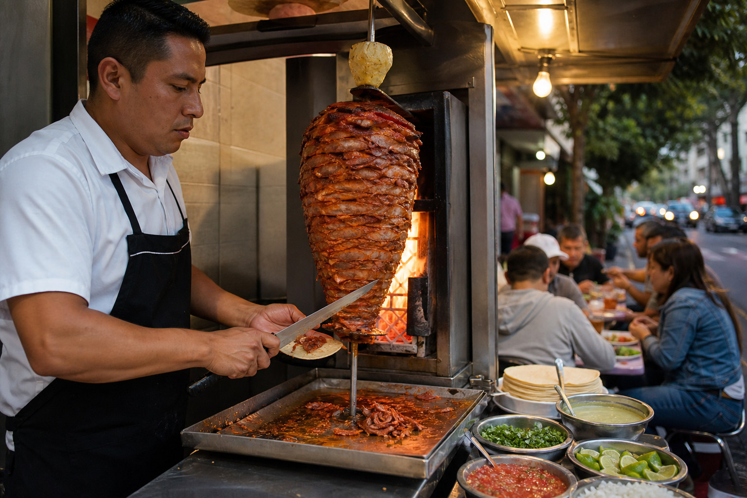 Taquero preparing tacos al pastor at a Mexico City street food stand