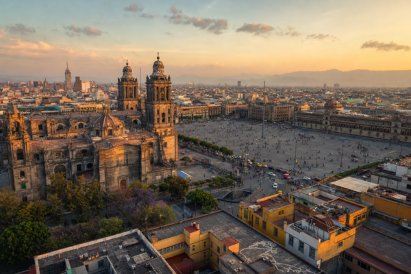 Panoramic view of the Metropolitan Cathedral and Zocalo in Mexico City at golden hour