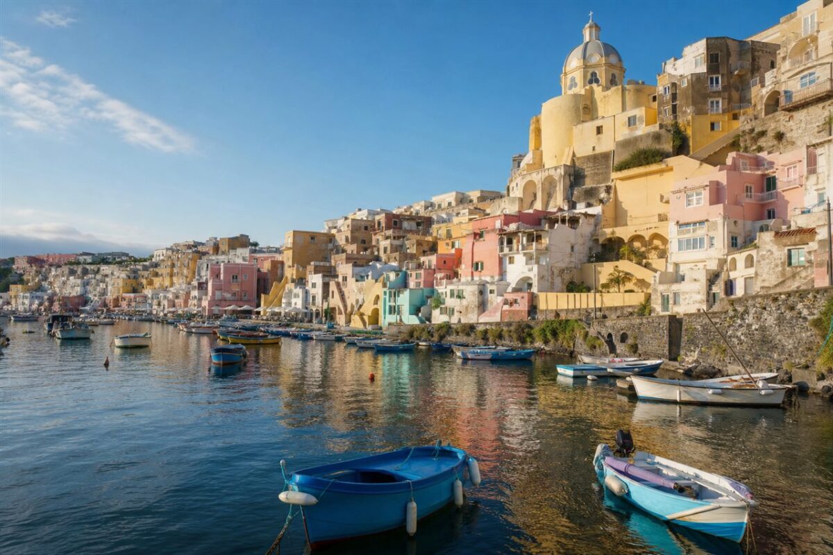 Colorful houses and fishing boats at Marina Corricella on Procida Italy