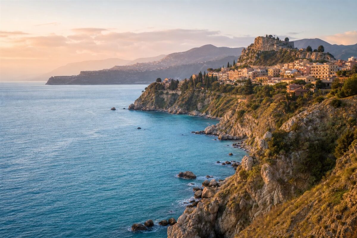 Sicily coastline and hill town above the Mediterranean Sea at sunrise