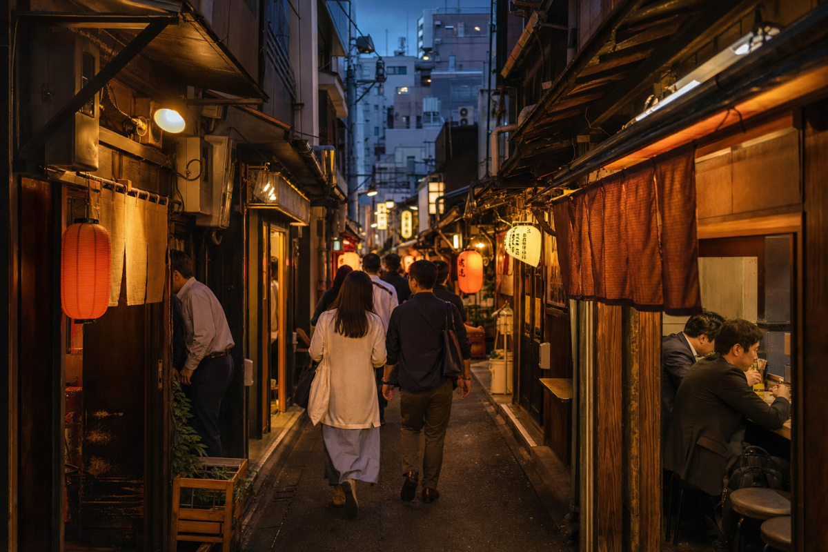 Traditional lantern-lit izakaya alley in Shinjuku Tokyo