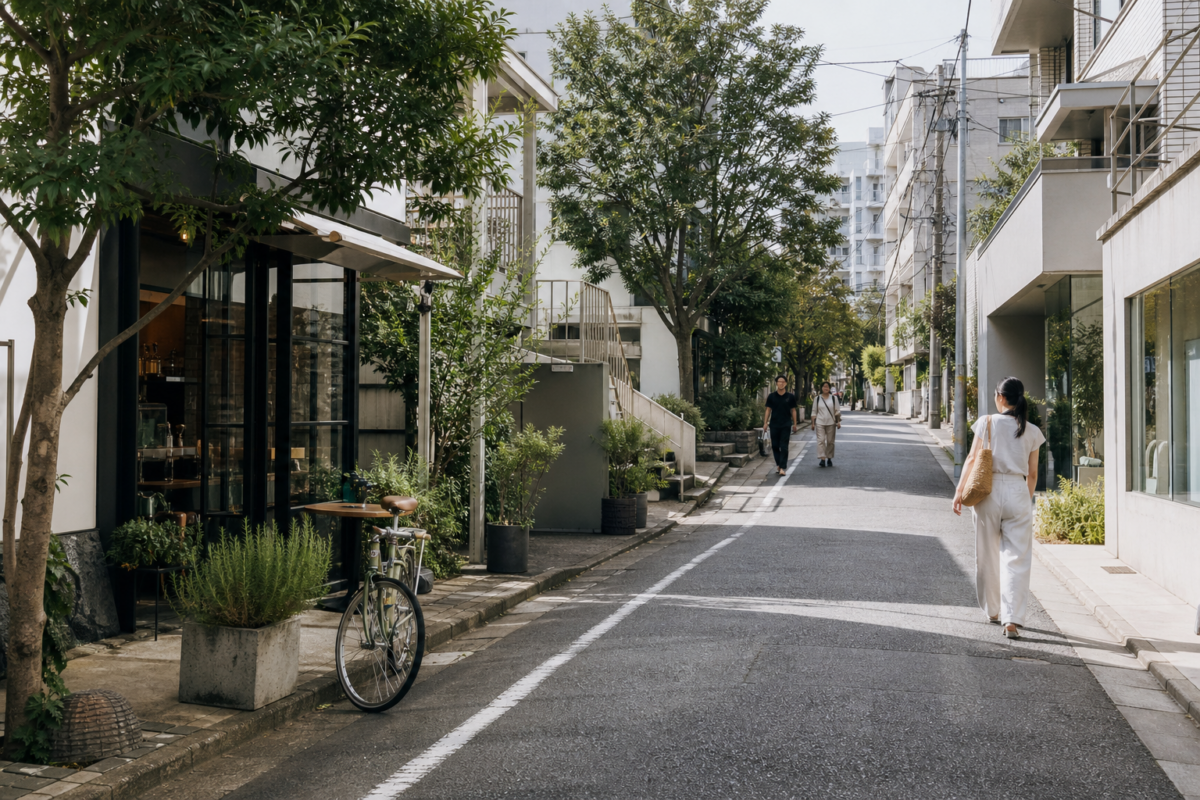 Quiet design-focused street in Daikanyama Tokyo with shops and bicycles