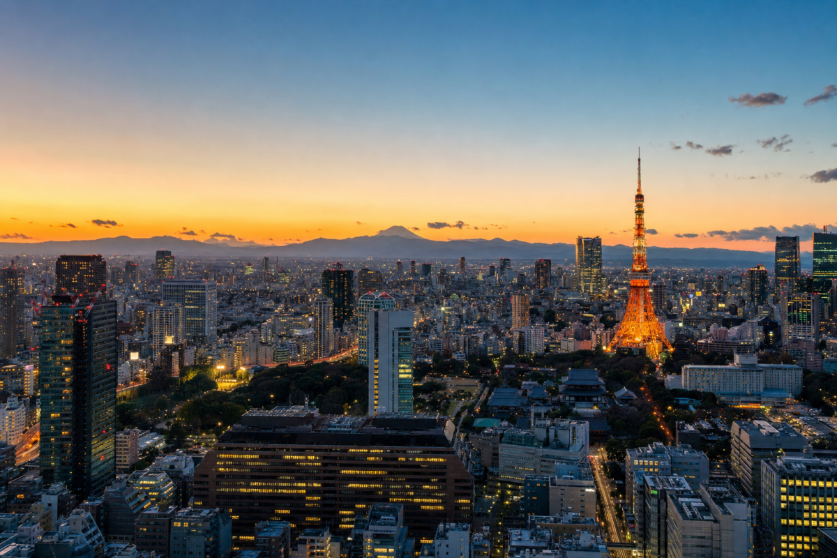 Tokyo skyline with Tokyo Tower and Mount Fuji at sunset