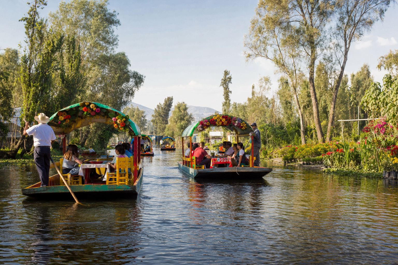 Colorful trajinera boats on the Xochimilco canals in Mexico City